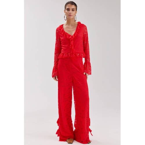 HARPER & YVE kanten wide leg regular waist gebloemde broek rood afbeelding