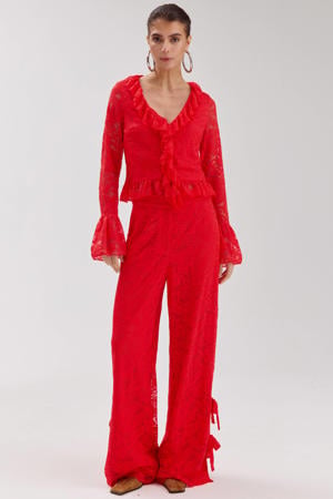 kanten wide leg regular waist gebloemde broek rood