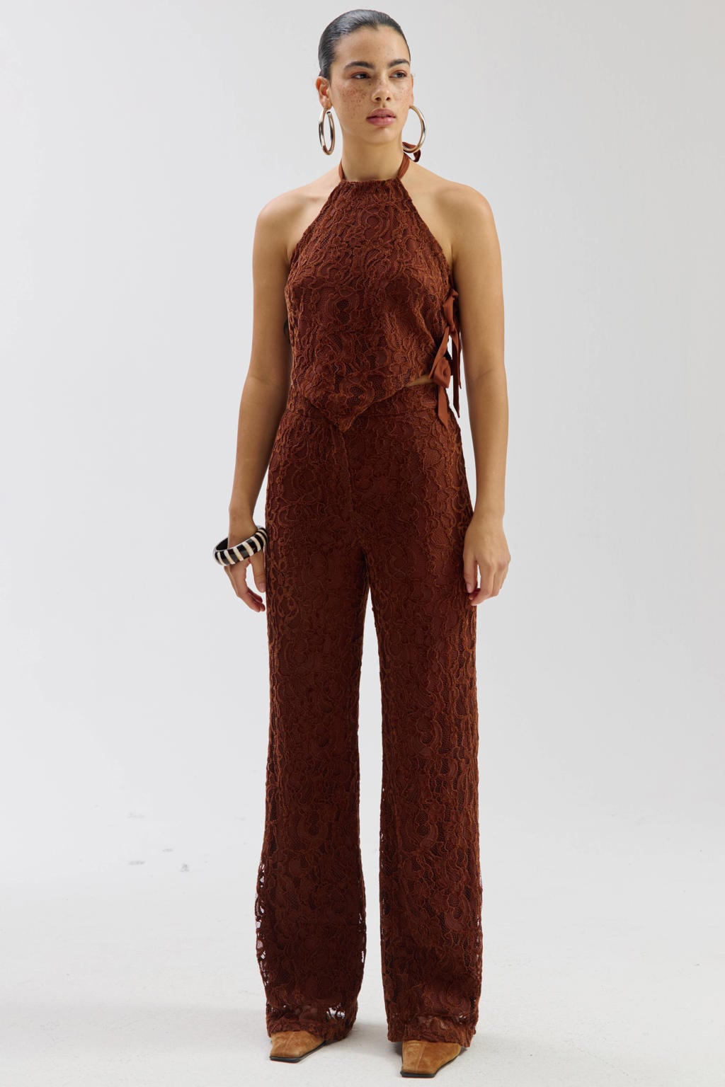 Bruine dames HARPER & YVE kanten straight regular waist gebloemde broek met rits- en knoopsluiting