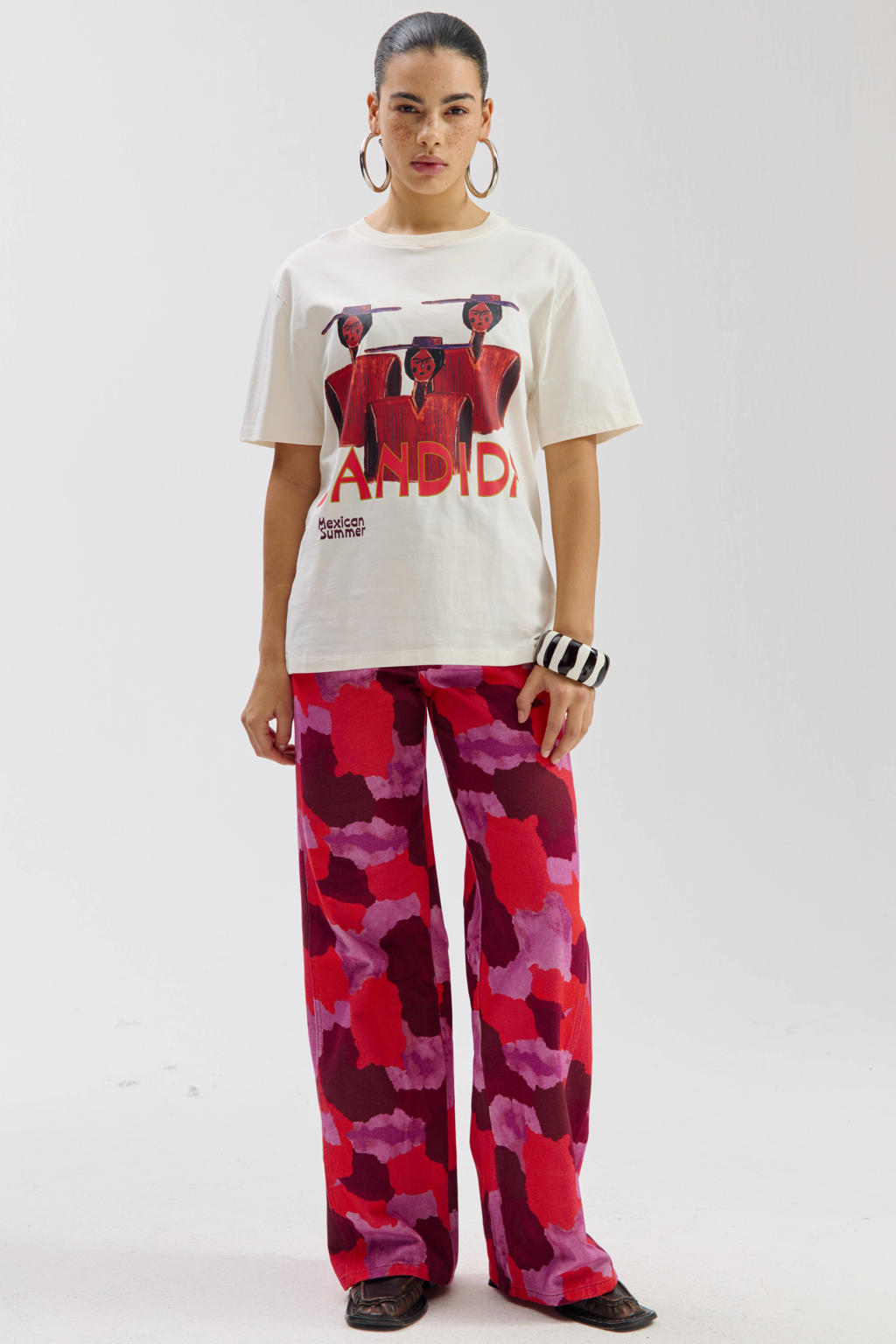 Ecru dames HARPER & YVE T-shirt van katoen met printopdruk, korte mouwen en ronde hals