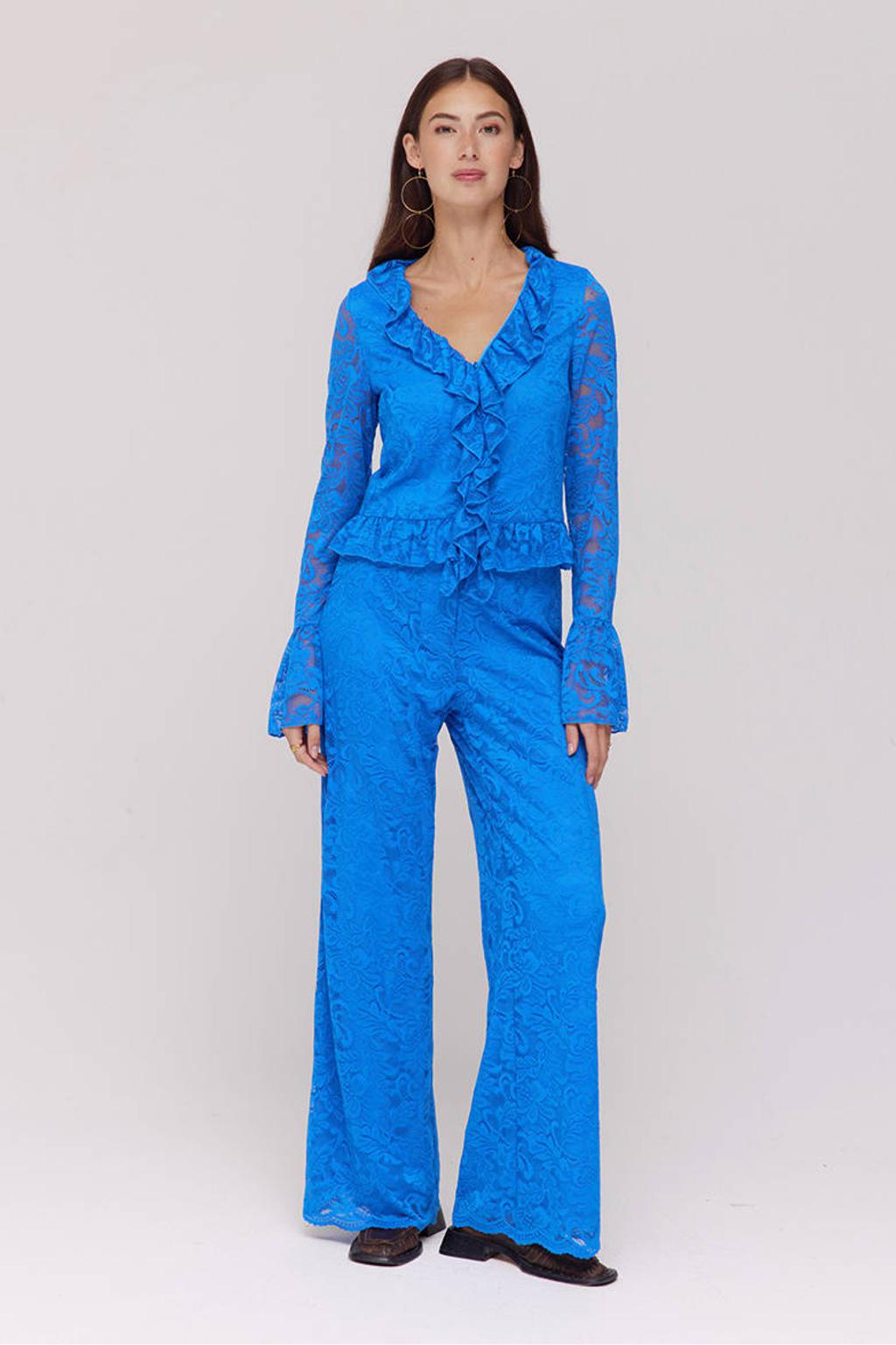 Blauwe dames HARPER & YVE kanten wide leg regular waist broek met rits- en haaksluiting en effen
