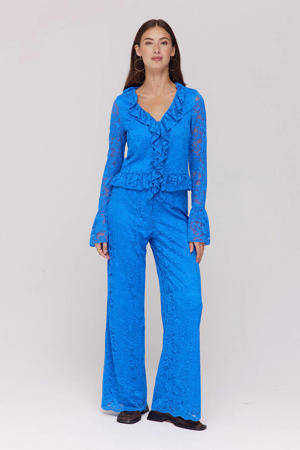 kanten wide leg regular waist broek blauw