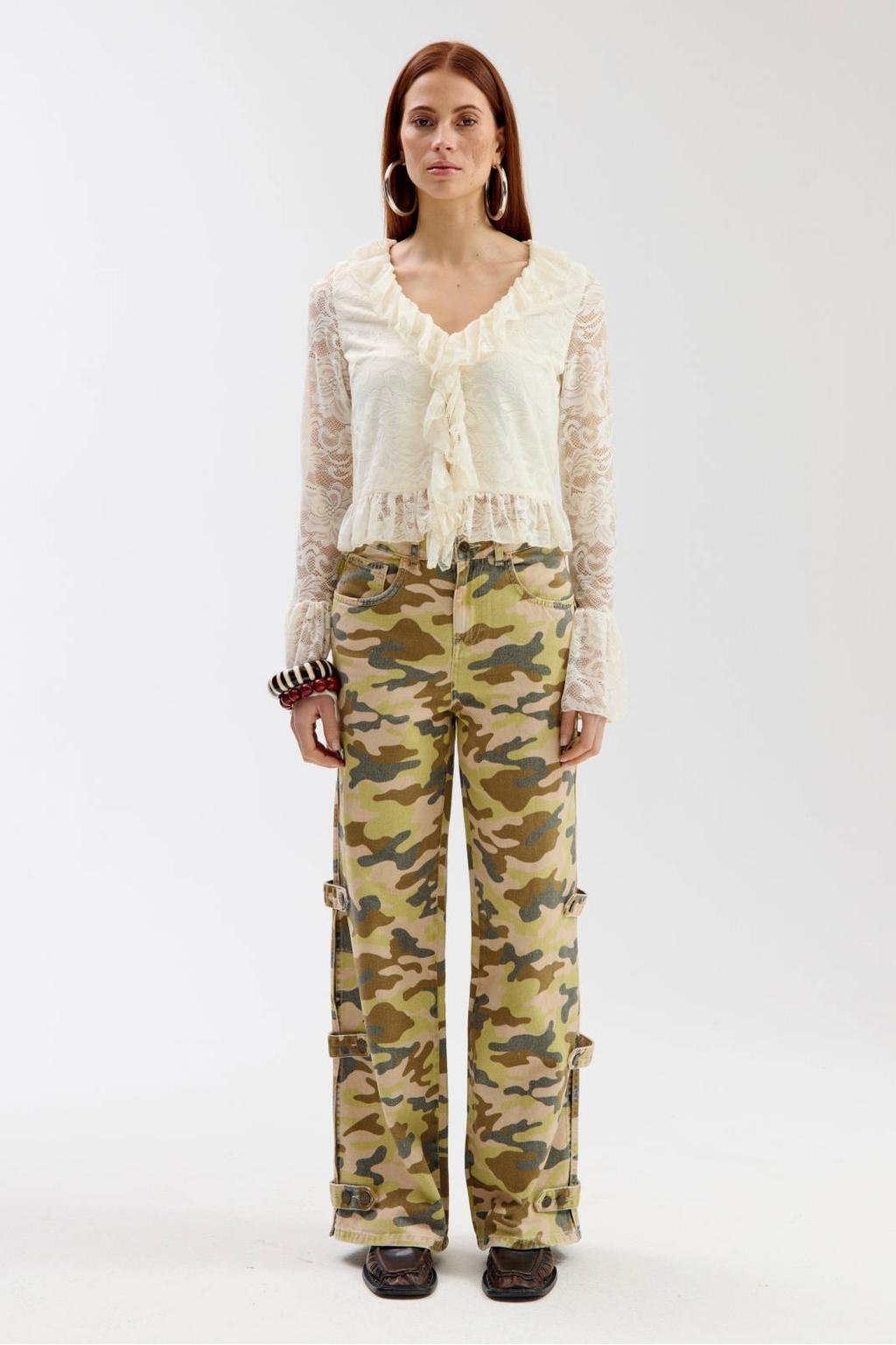 Ecru dames HARPER & YVE kanten top van nylon met effen, lange mouwen en V-hals