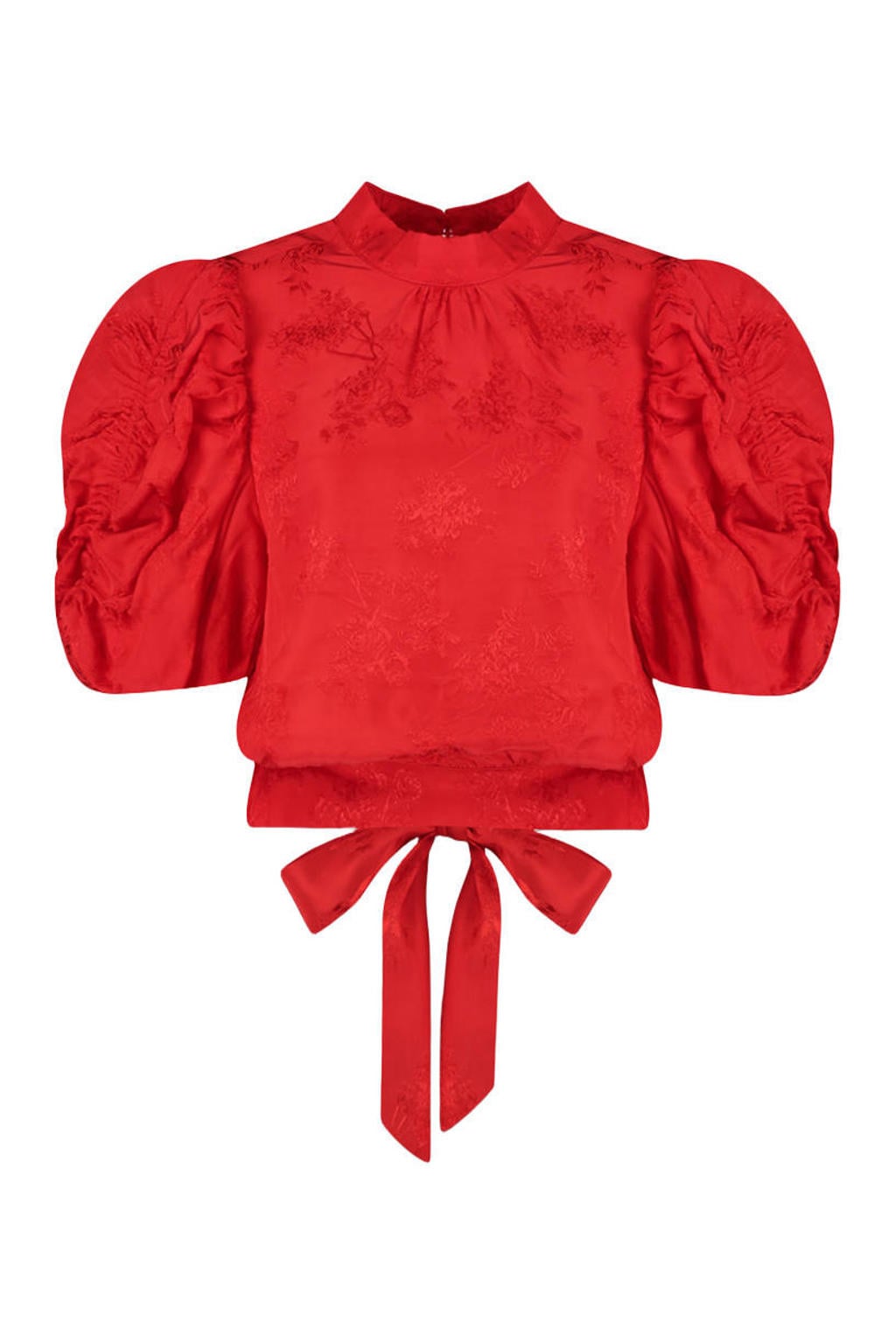 Rode dames HARPER & YVE top van rayon met effen, korte mouwen, ronde hals en striksluiting