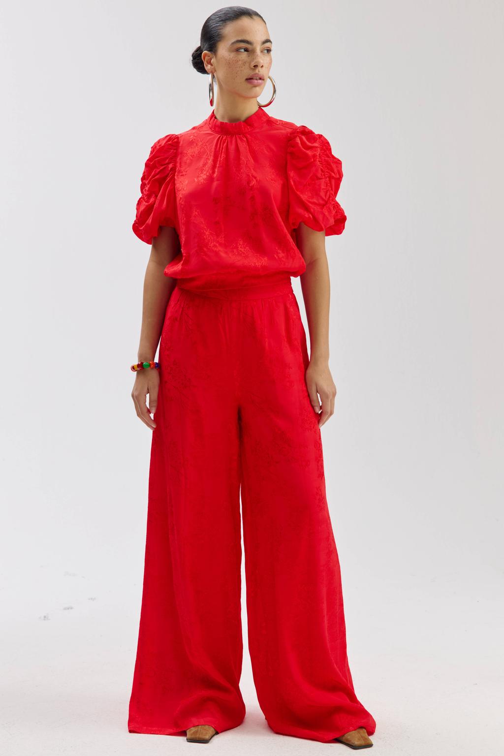 Rode dames HARPER & YVE wide leg high waist gebloemde broek van rayon met ritssluiting