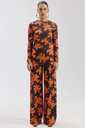 wide leg high waist gebloemde broek bruin
