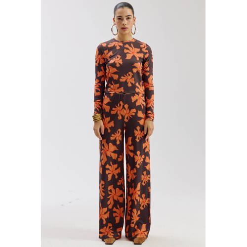 HARPER & YVE wide leg high waist gebloemde broek bruin afbeelding