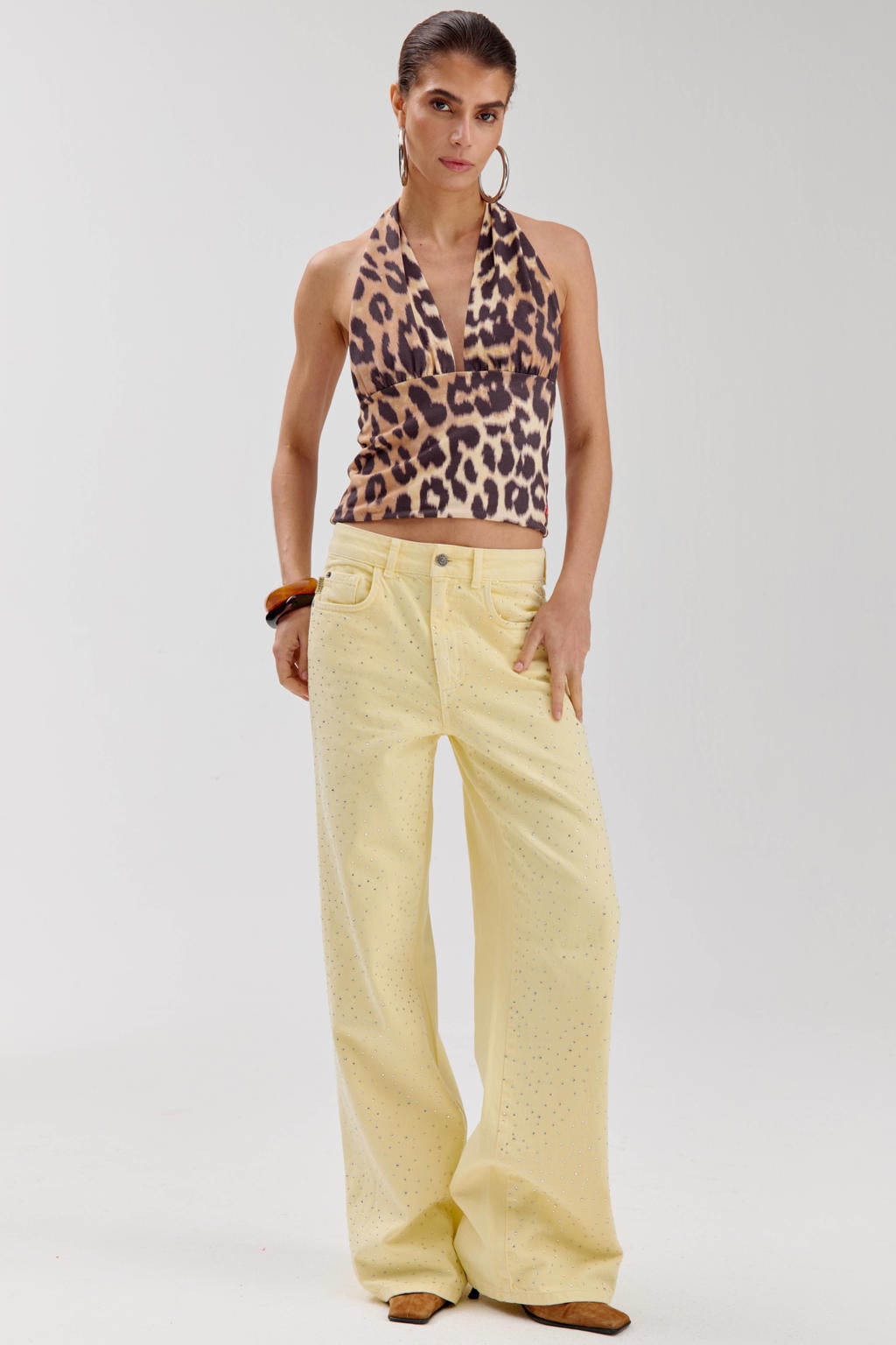 Bruine dames HARPER & YVE top van viscose met dierenprint en halterkraag