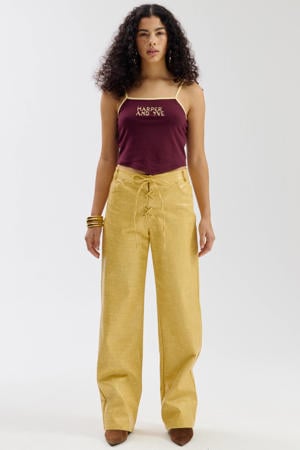 imitatieleren wide leg regular waist broek met dierenprint geel