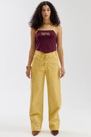 imitatieleren wide leg regular waist broek met dierenprint geel