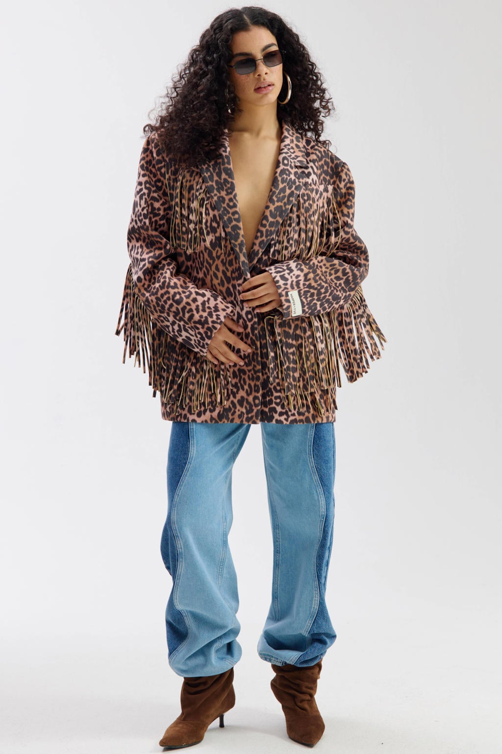 Bruine dames HARPER & YVE oversized blazer van polyester met dierenprint, lange mouwen, reverskraag, knoopsluiting en franjes