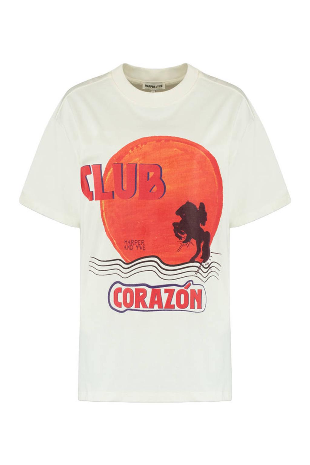 Ecru dames HARPER & YVE T-shirt van katoen met printopdruk, korte mouwen en ronde hals