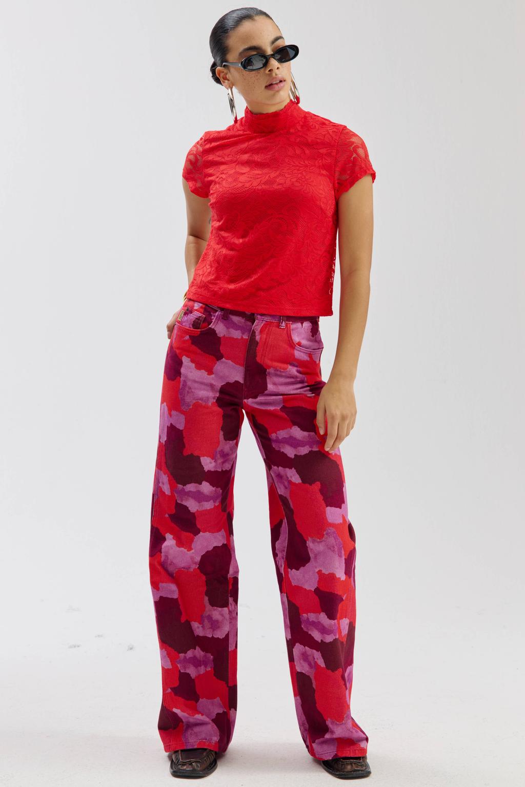 Rood en paarse dames HARPER & YVE wide leg jeans bruin van katoen met rits- en knoopsluiting