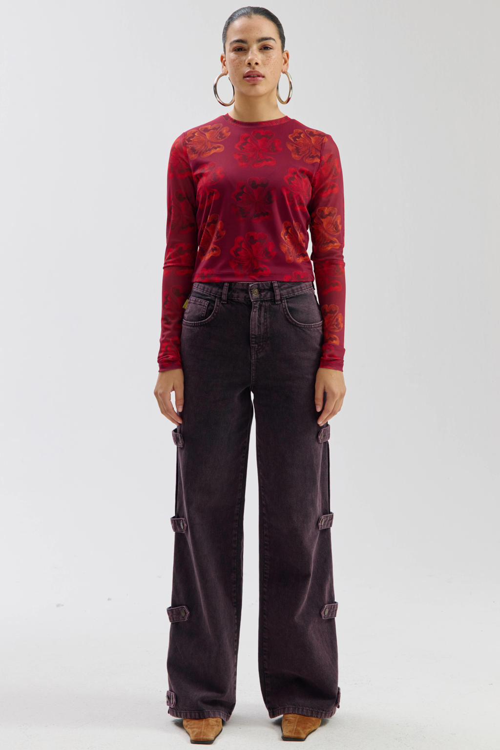 Roodbruine dames HARPER & YVE gebloemde top bruin van polyester met lange mouwen, ronde hals en mesh