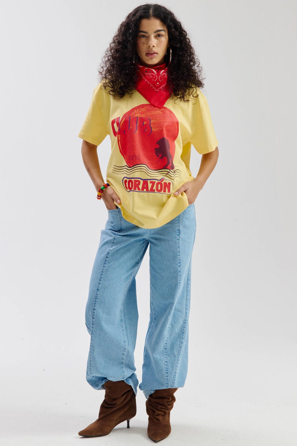 Lichtgele dames HARPER & YVE T-shirt van katoen met printopdruk, korte mouwen en ronde hals