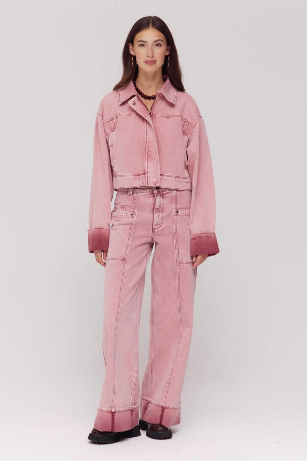 Lichtroze dames HARPER & YVE wide leg jeans van denim met rits- en knoopsluiting en effen