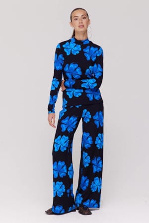 wide leg regular waist gebloemde casual broek blauw