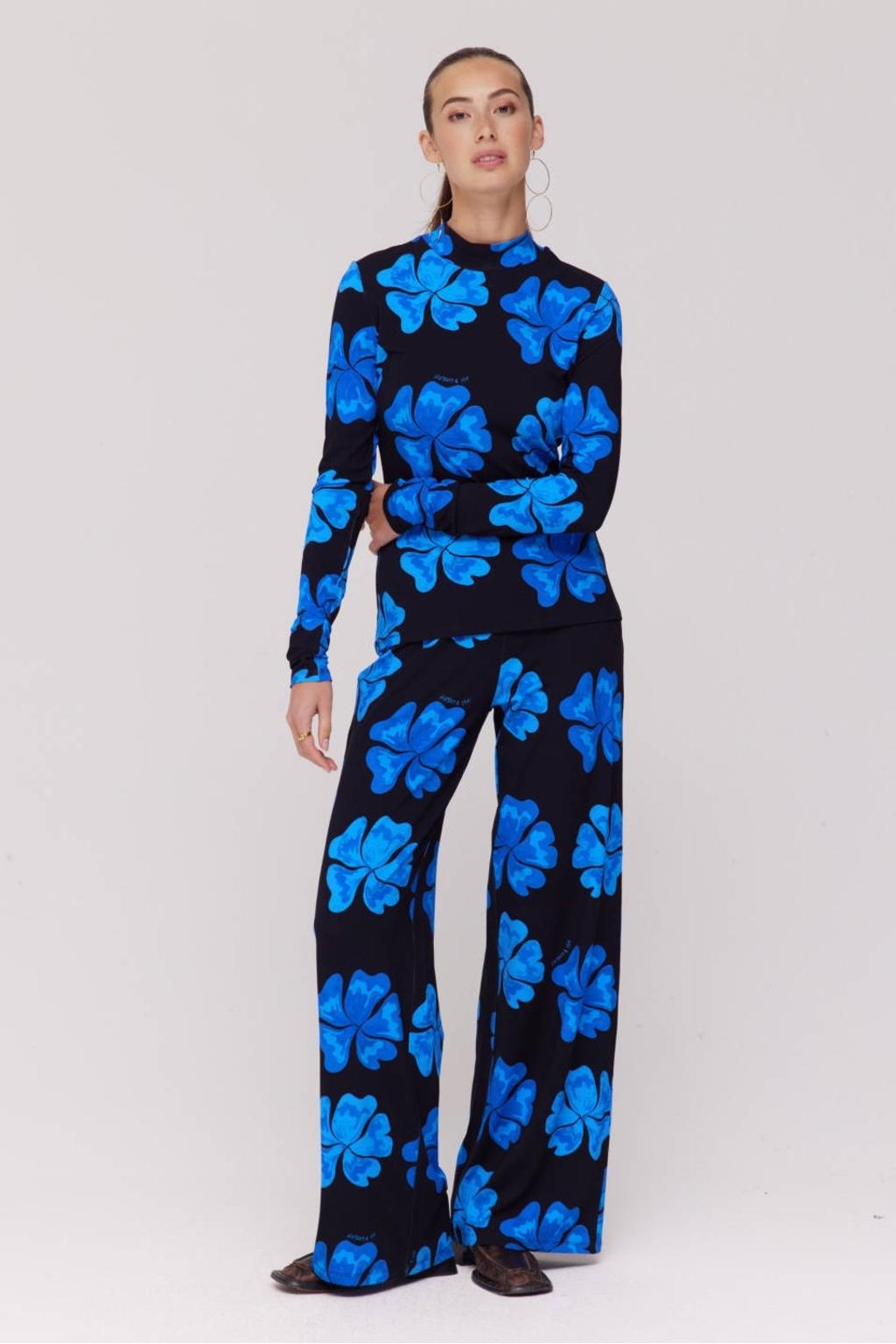 Zwart en blauwe dames HARPER & YVE wide leg regular waist gebloemde casual broek van viscose