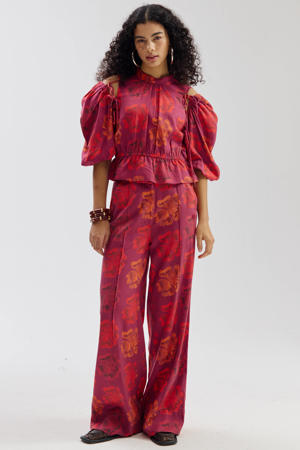 wide leg high waist gebloemde broek roodbruin