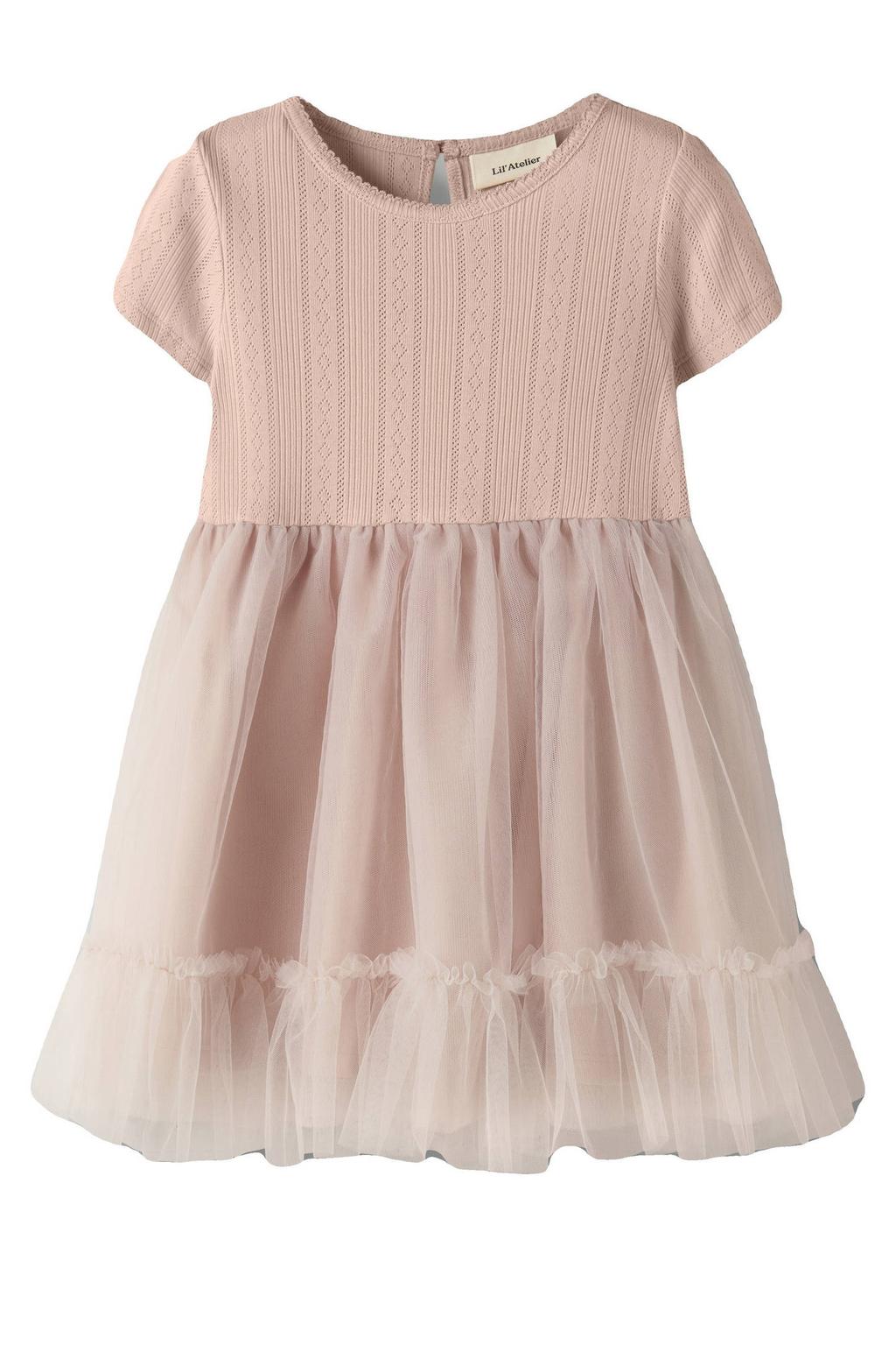 Oudroze meisjes LIL' ATELIER MINI korte jurk van katoen met korte mouwen, ronde hals en knoopsluiting