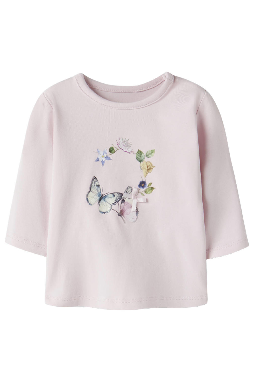 Lichtroze meisjes NAME IT BABY longsleeve van stretchkatoen met printopdruk, lange mouwen, ronde hals, drukknoopsluiting en strikje