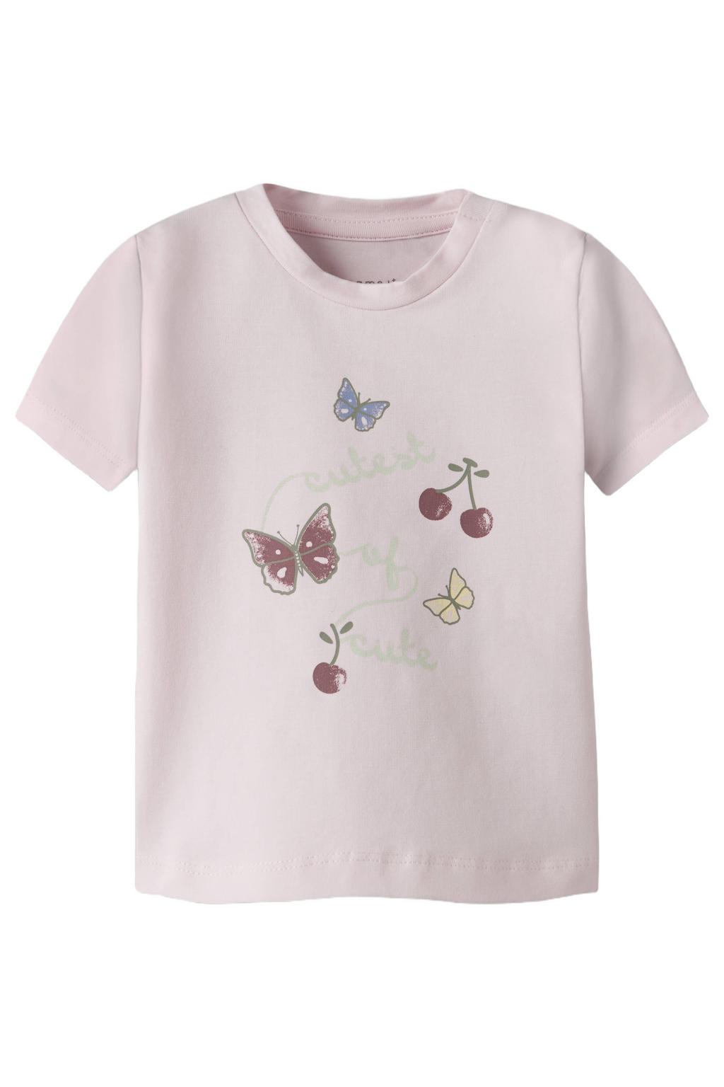 Roze meisjes NAME IT BABY T-shirt van stretchkatoen met printopdruk, korte mouwen, ronde hals en knoopsluiting