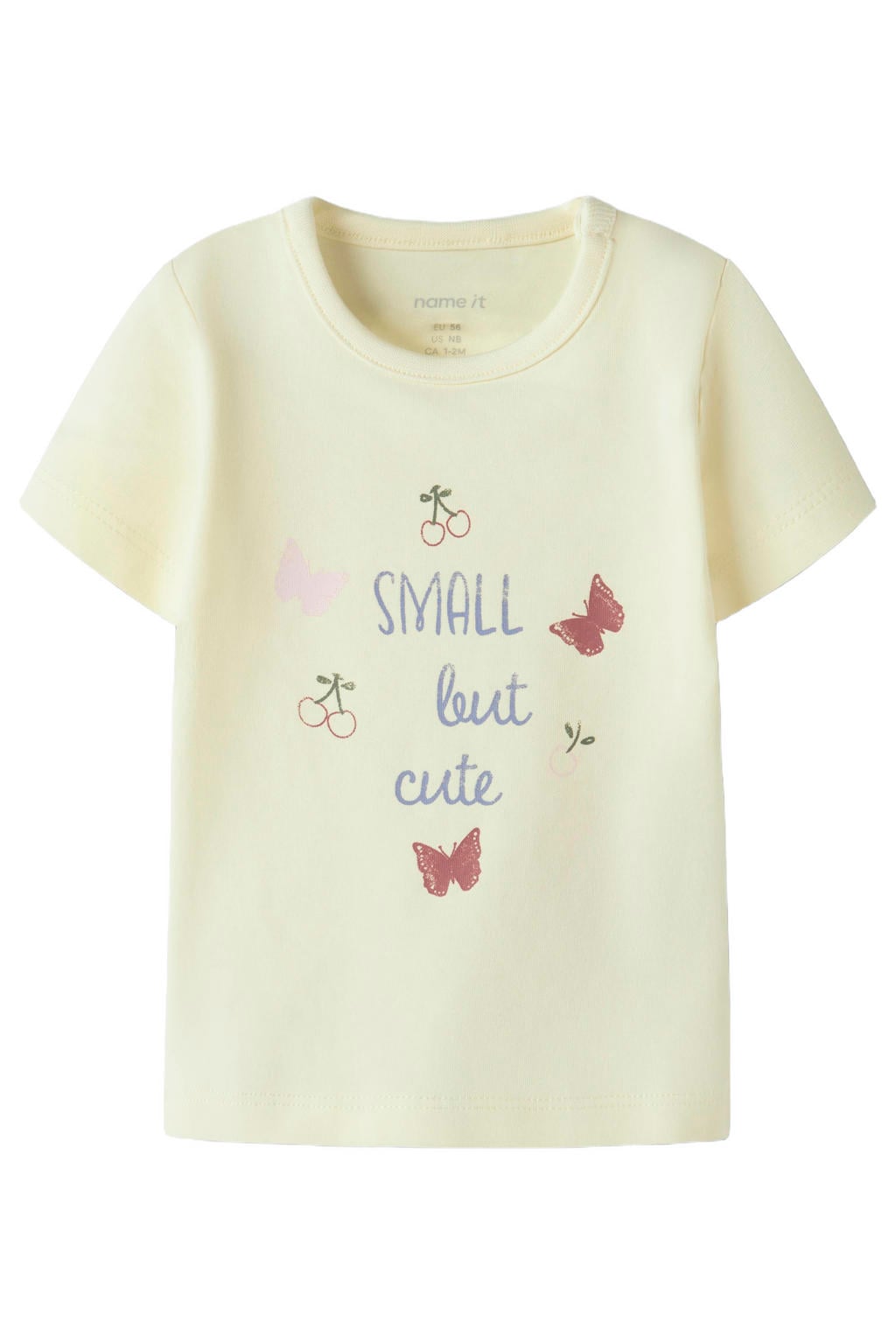 Lichtgele meisjes NAME IT BABY T-shirt van stretchkatoen met printopdruk, korte mouwen, ronde hals en knoopsluiting