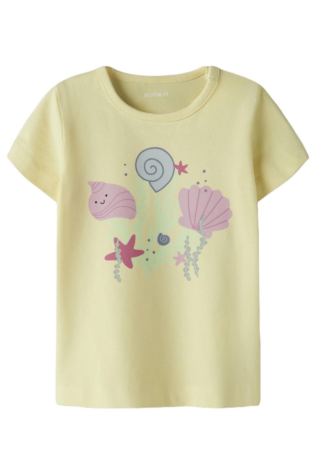 Lichtgele meisjes NAME IT BABY T-shirt van stretchkatoen met printopdruk, korte mouwen, ronde hals en drukknoopsluiting