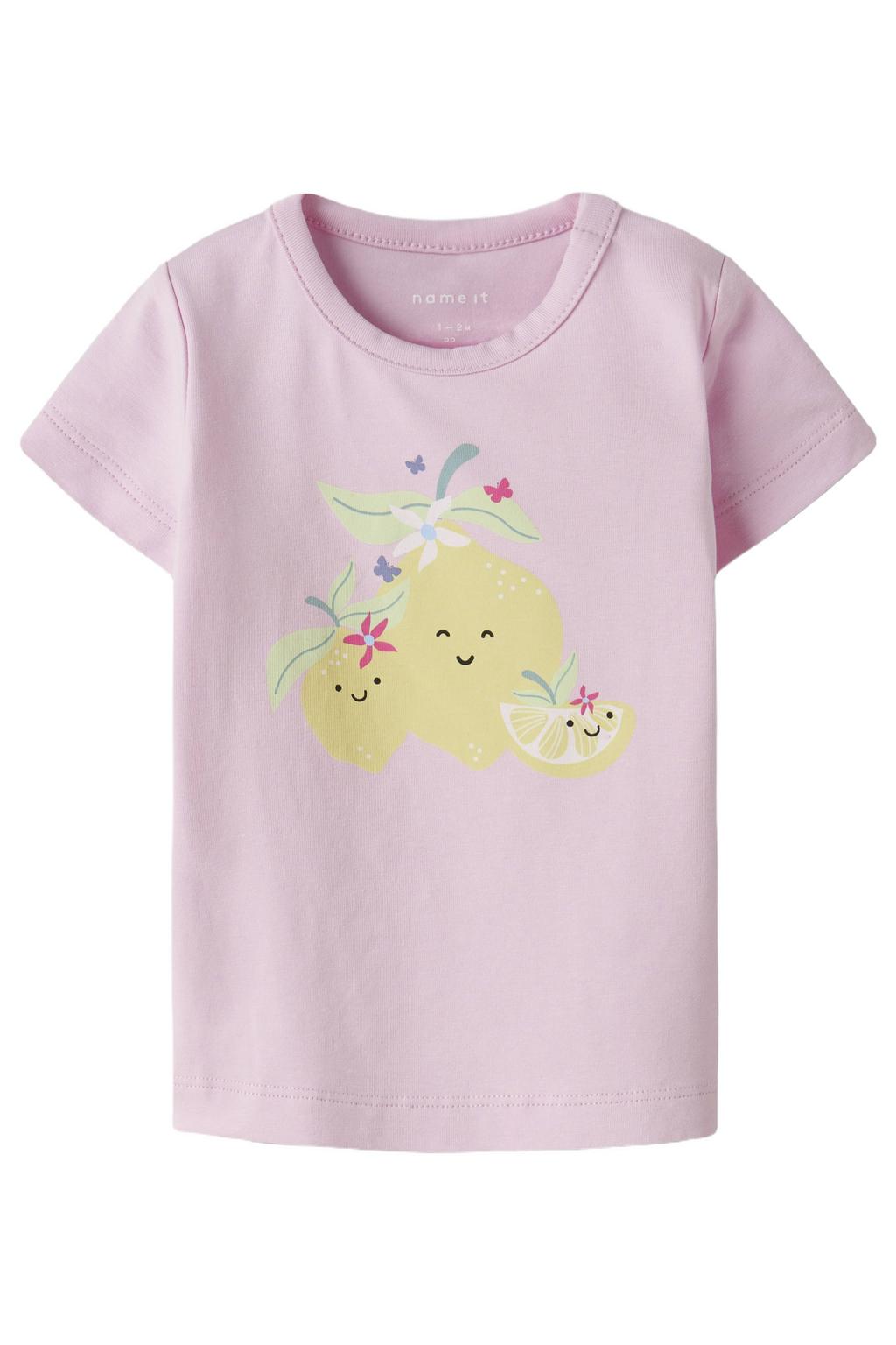 Lichtroze meisjes NAME IT BABY T-shirt van stretchkatoen met printopdruk, korte mouwen, ronde hals en drukknoopsluiting