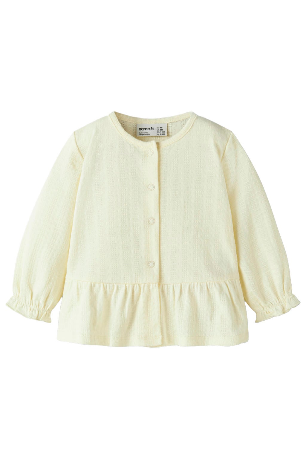Lichtgele meisjes NAME IT BABY gebreid vest van katoen met effen, lange mouwen, ronde hals, knoopsluiting en plooien