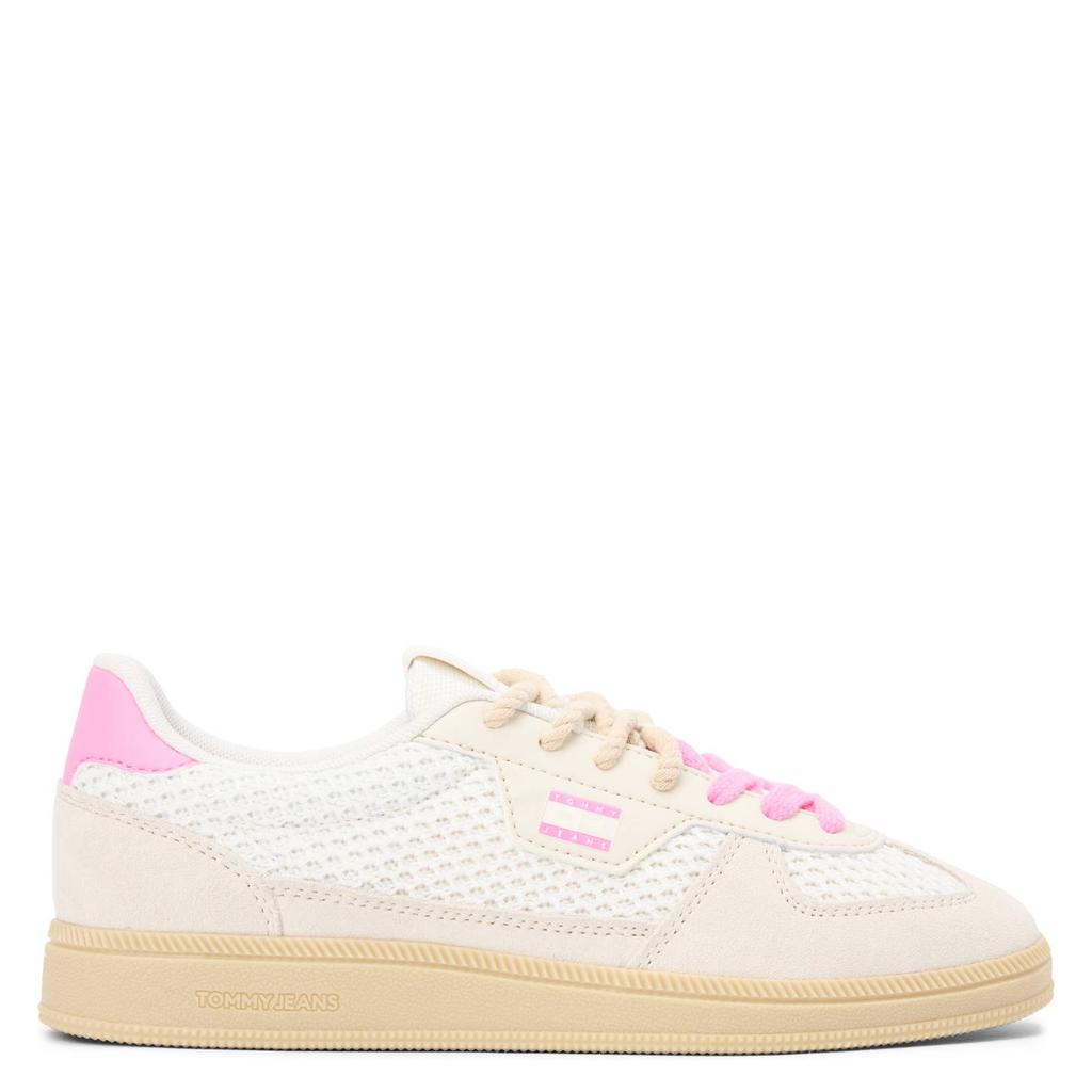 Ecru en roze dames Tommy Jeans The Greenwich EdgeE Knit sneakers van textiel en imitatieleer met veters