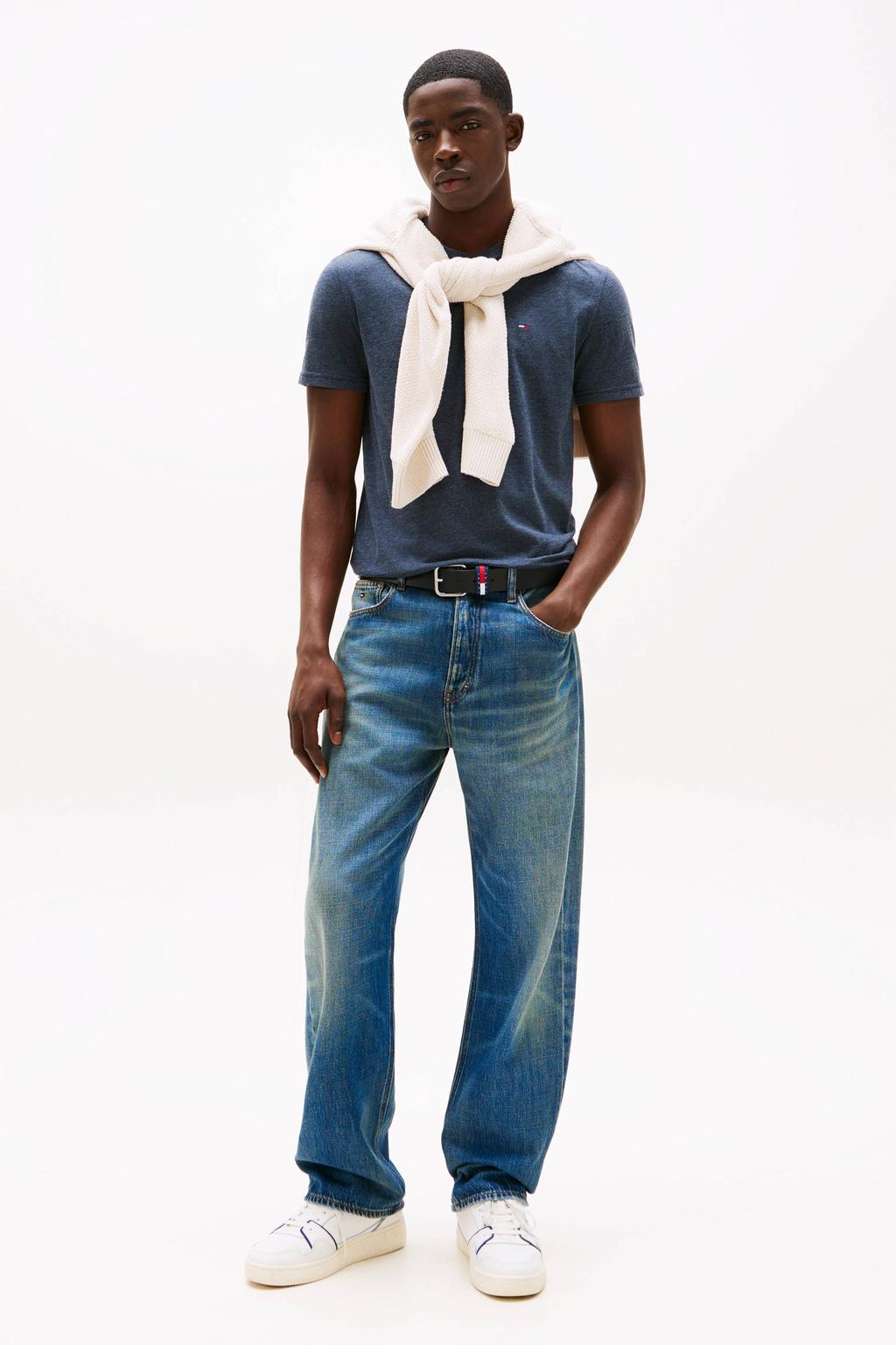 Donkerblauwe heren Tommy Jeans slim T-shirt van katoen met melée print, korte mouwen en ronde hals