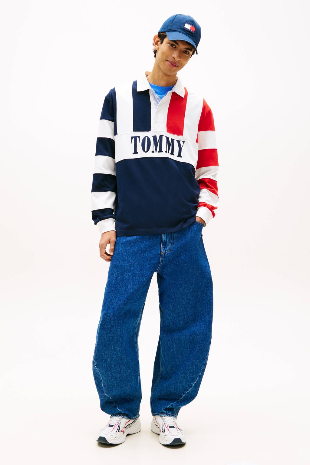 Donkerblauwe heren Tommy Jeans relaxed polo van katoen met lange mouwen en klassieke kraag