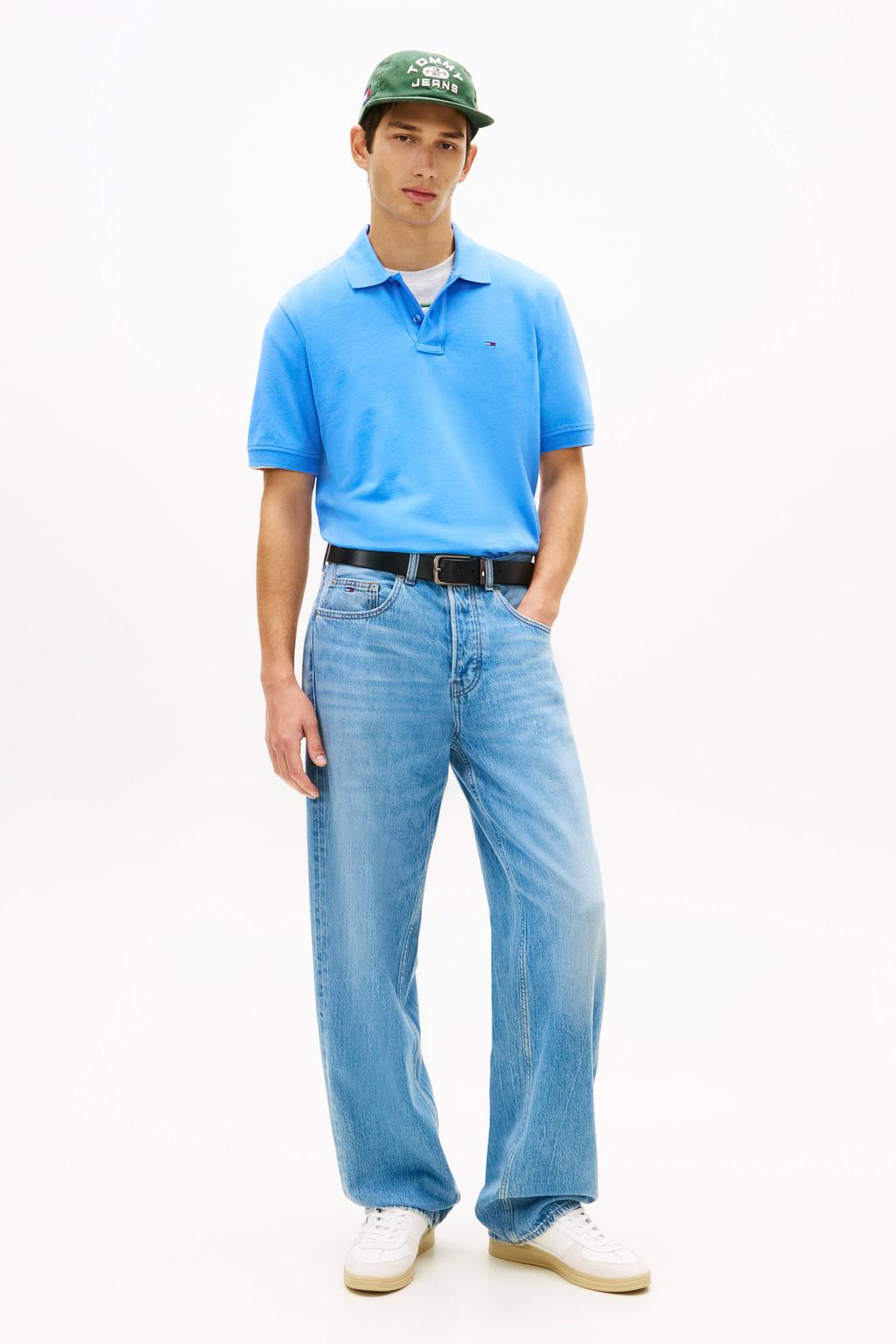 Blauwe heren Tommy Jeans regular polo van katoen met effen en korte mouwen