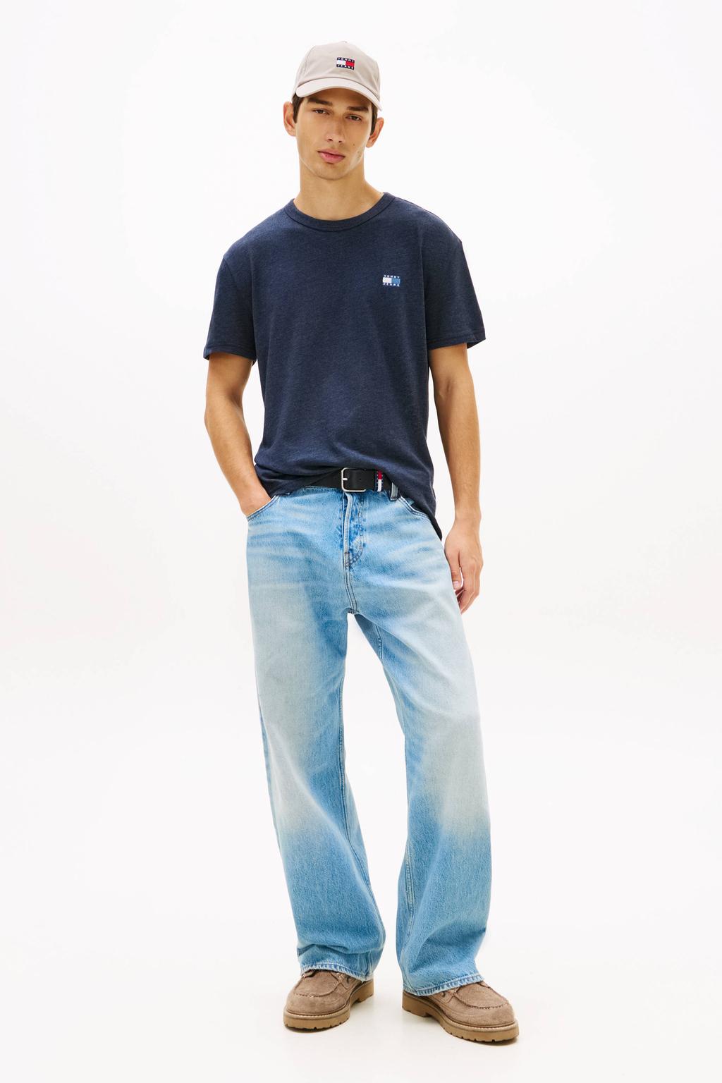 Donkerblauwe heren Tommy Jeans regular T-shirt van katoen met logo dessin, korte mouwen en ronde hals