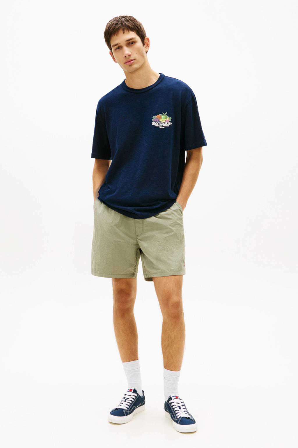 Donkerblauwe heren Tommy Jeans relaxed T-shirt van katoen met backprint, korte mouwen en ronde hals