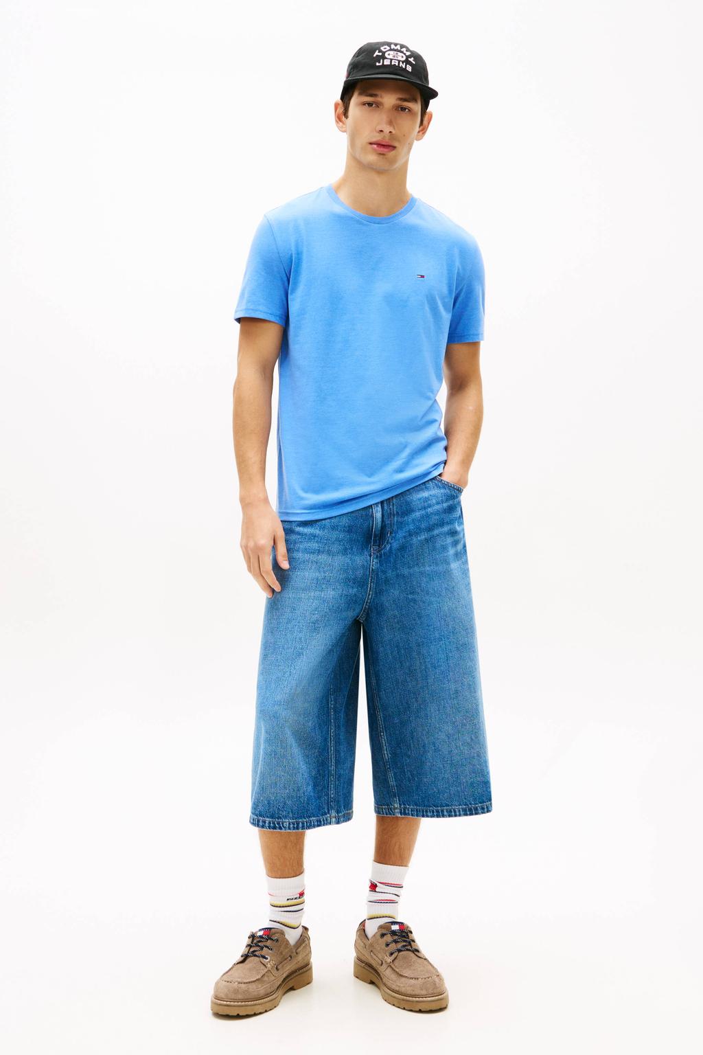 Blauwe heren Tommy Jeans slim T-shirt van katoen met melée print, korte mouwen en ronde hals