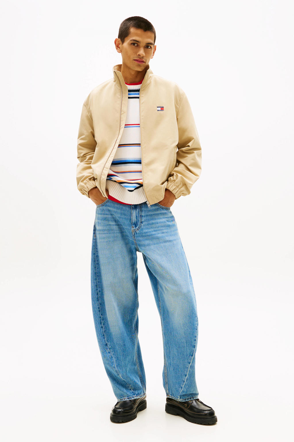 Beige heren Tommy Jeans zomerjas van polyester met effen, lange mouwen, opstaande kraag en ritssluiting