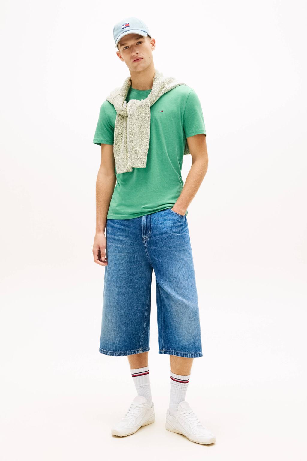 Groene heren Tommy Jeans slim T-shirt van katoen met melée print, korte mouwen en ronde hals