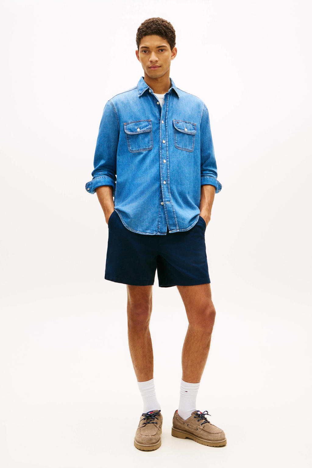 Tommy Jeans relaxed casual short met linnen donkerblauw