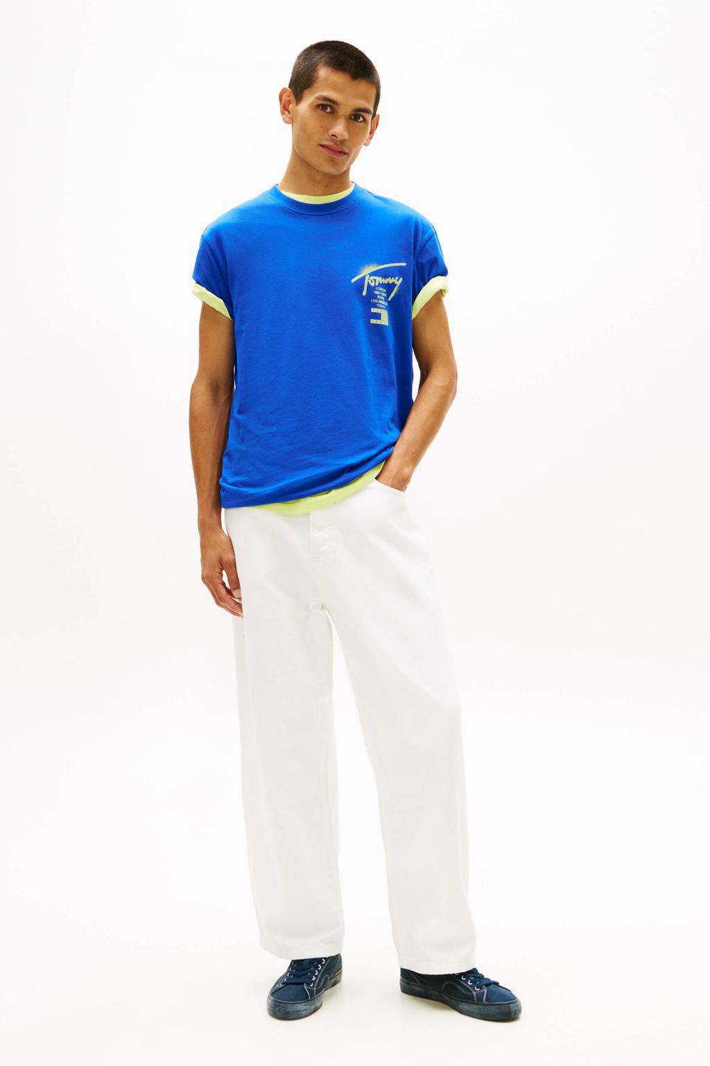Blauwe heren Tommy Jeans regular T-shirt van katoen met backprint, korte mouwen en ronde hals