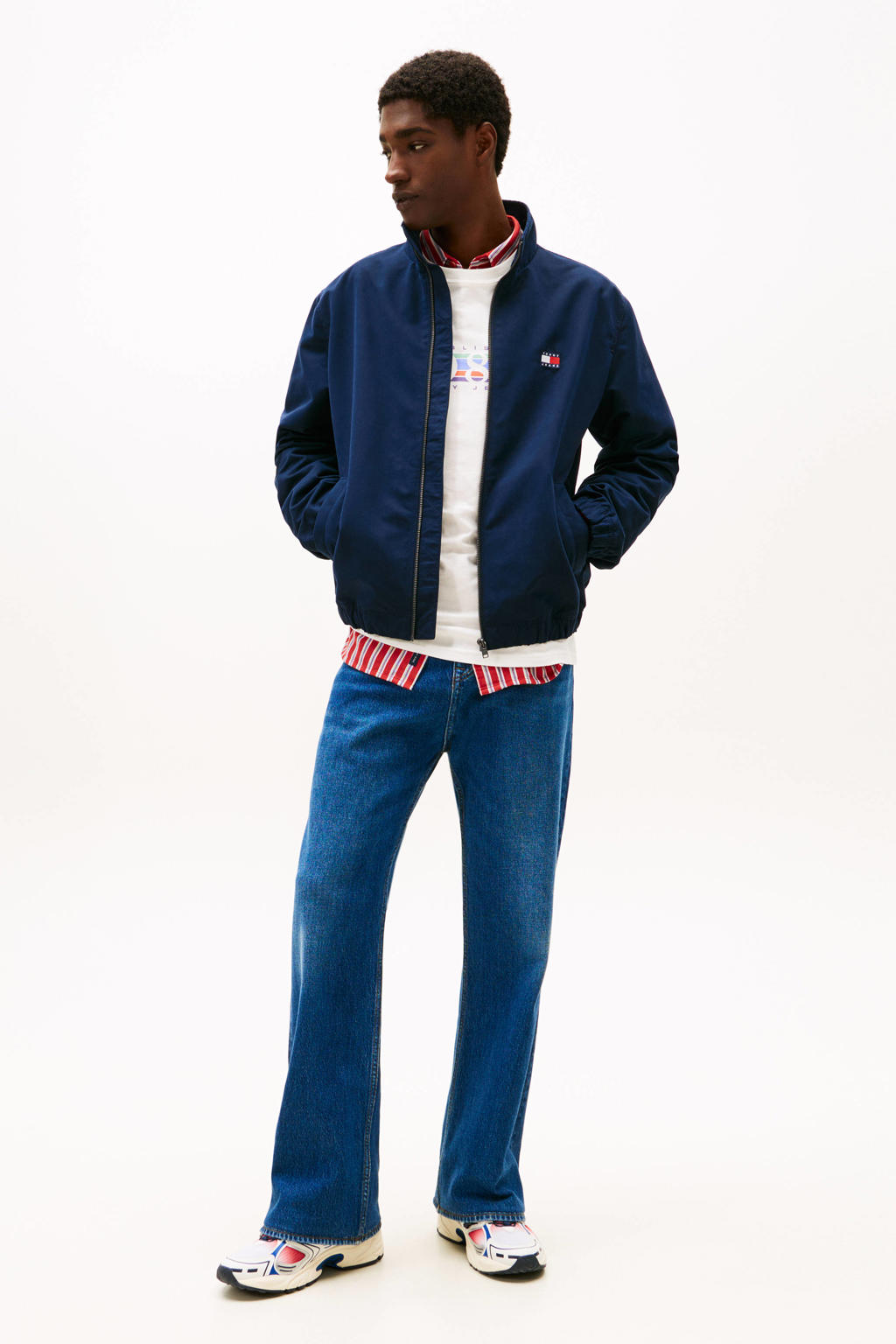Donkerblauwe heren Tommy Jeans zomerjas van polyester met effen, lange mouwen, opstaande kraag en ritssluiting