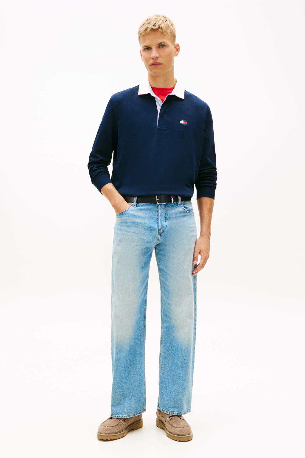 Donkerblauwe heren Tommy Jeans relaxed polo van katoen met effen, lange mouwen en klassieke kraag