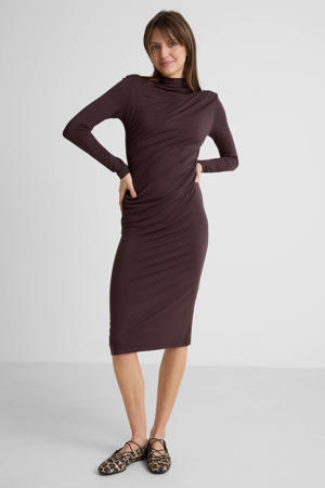 jersey midi jurk met gedrapeerd detail donkerbruin