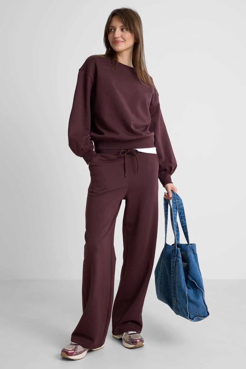 Donkerblauwe dames Anytime wide leg joggingbroek van katoen met high waist, elastische tailleband met koord en effen