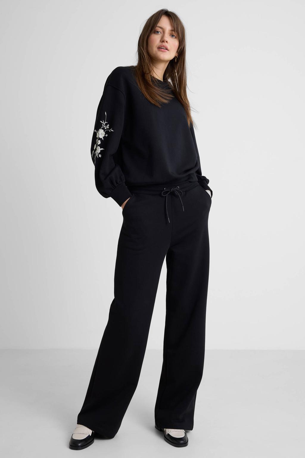 Zwarte dames Anytime wide leg joggingbroek van katoen met high waist, elastische tailleband met koord en effen