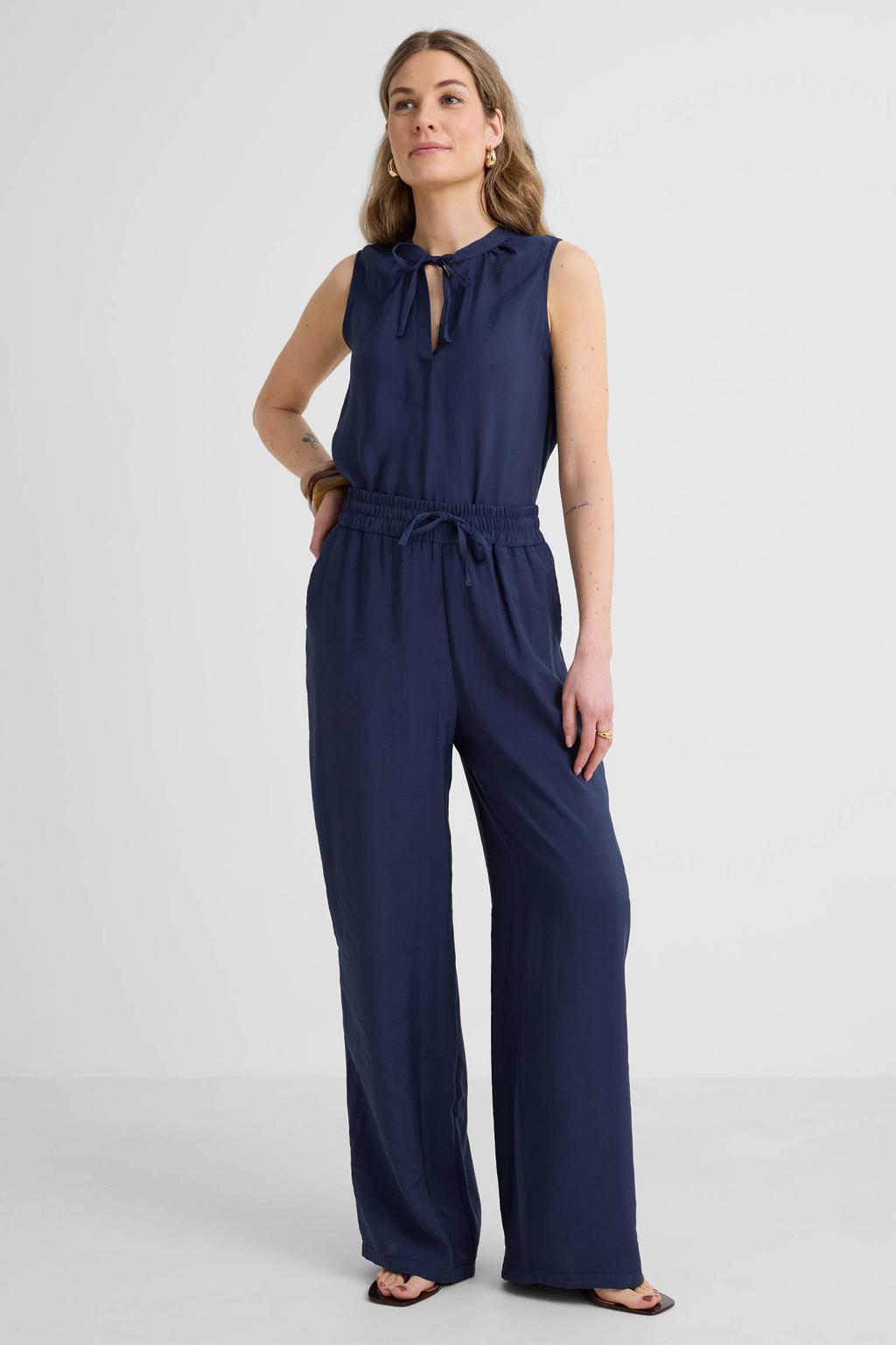 Marineblauw dames Anytime wide leg broek van modal met high waist, elastische tailleband met koord en effen