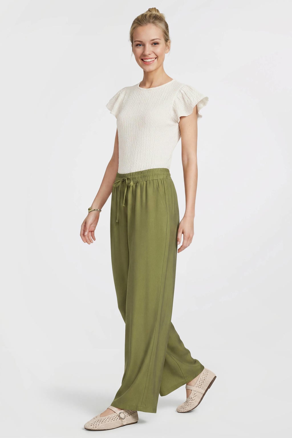 Olijfgroene dames Anytime wide leg broek van modal met high waist, elastische tailleband met koord en effen