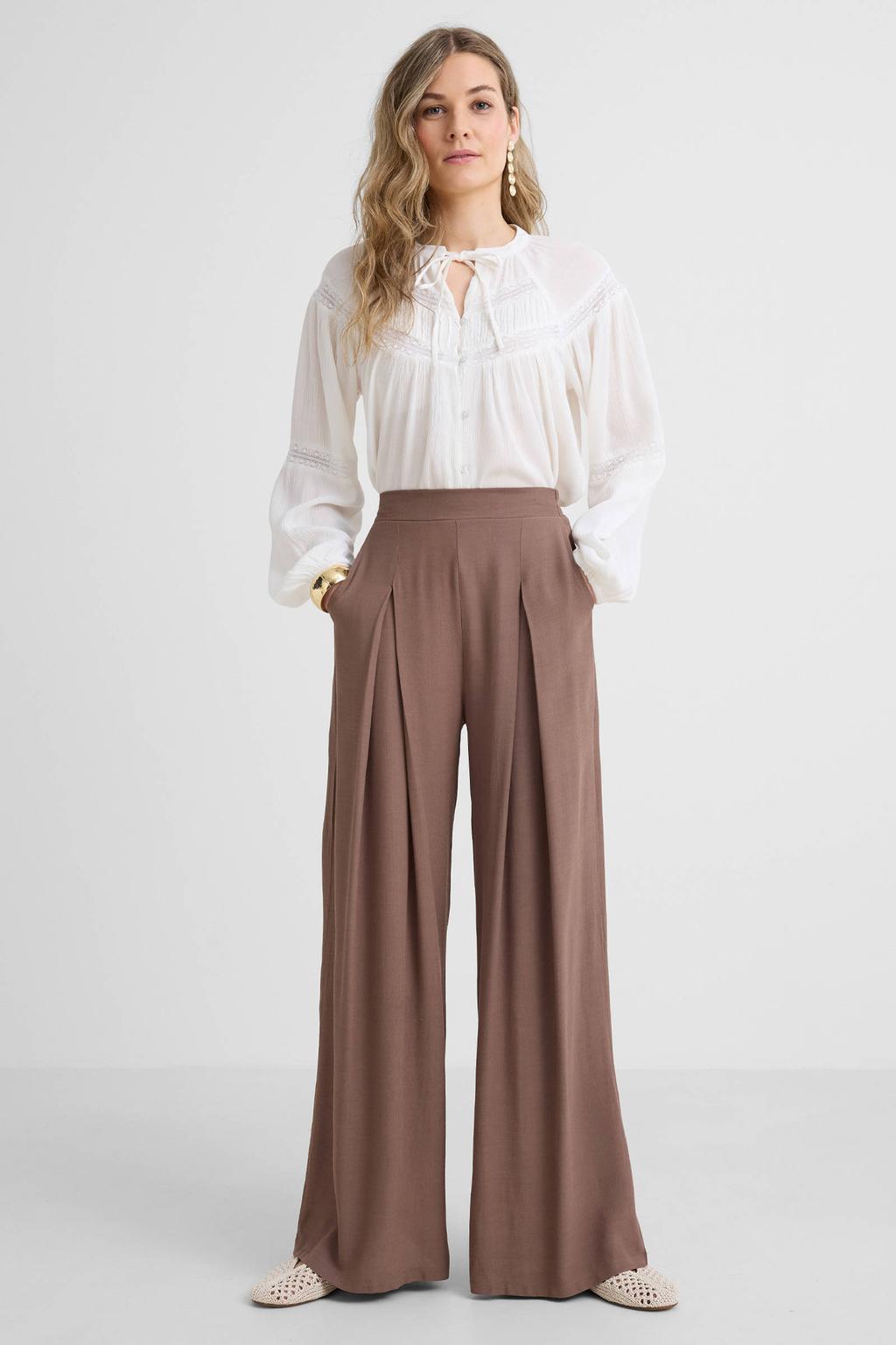 Taupe dames Anytime wide leg broek van viscose met high waist en effen