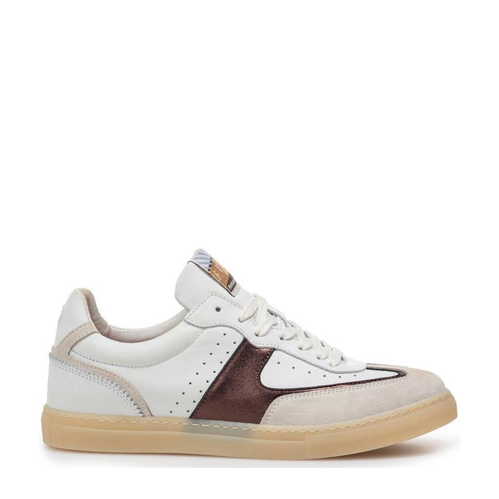 Wit en bruine dames Floris van Bommel Minni 04.29 leren sneakers met veters
